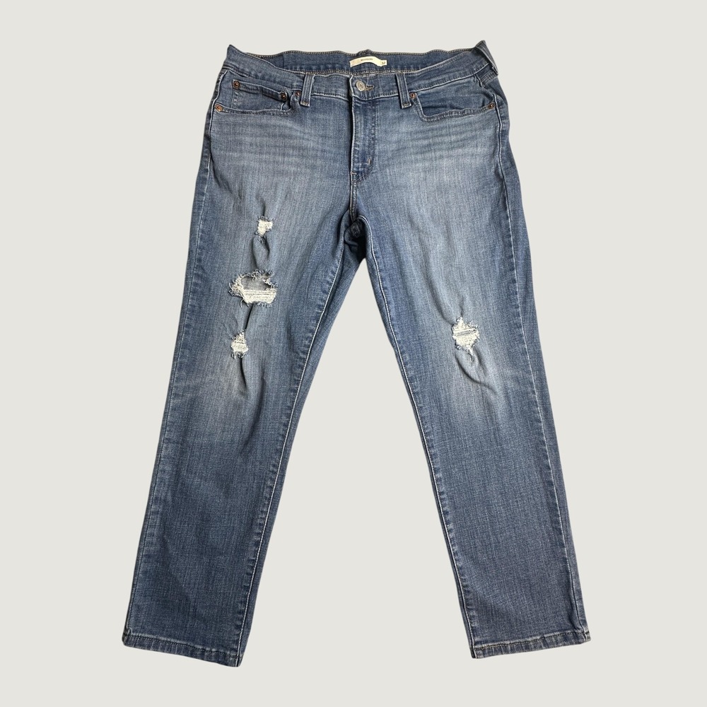 Levi's Jeans Womens 32 Blue Boyfriend Mid Rise Distressed Ripped Cropped Denim
